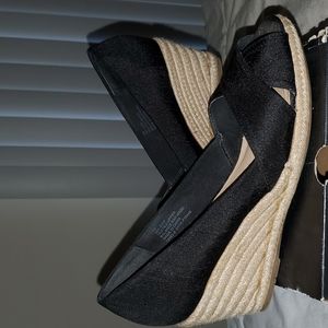 Black peep toe wedge heels